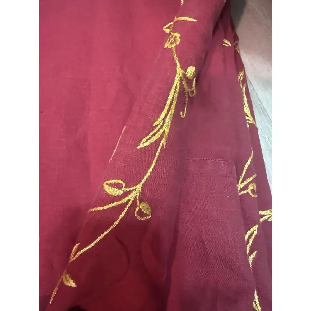Vintage Linen Embroidered Bedspread 105x172 Red Gold Floral Handmade